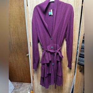 MATILDA JANE Long Purple Button-Front Cardigan with Belt RUFFLES and so fun! L